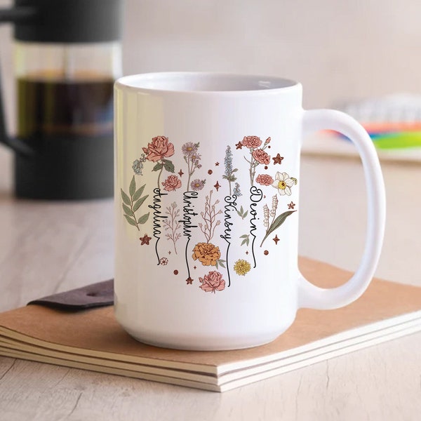 Birth Month Flower Mug, Moms Garden Mug With Kids Names, Custom Birth Month Flowers Mug With Kids Names, Family Name Watercolor Flowers Gift