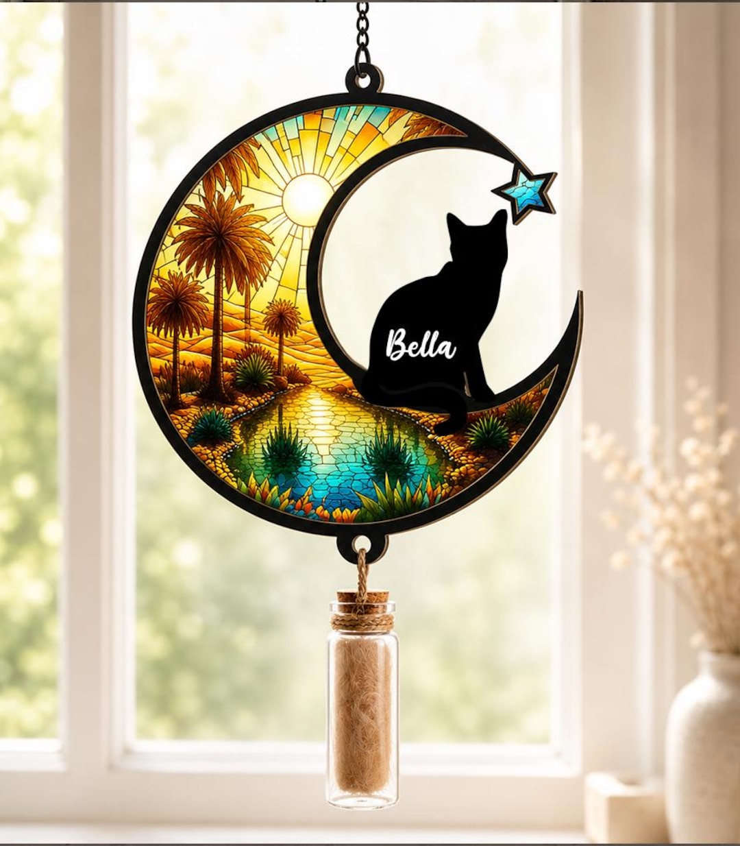 Custom Cat Portrait Stained Glass Suncatcher With Fur Bottle ...