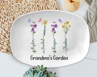 Mamas Geschenk von Enkelkindern, Geburtsmonat Blumenfamilie personalisierte Platte, Muttertagsplatte, Omas Gartengeschenk, personalisiertes Muttertablett