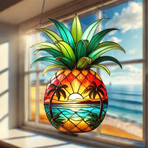Acrylic 2D Flat Pineapple Sunset Window Hanging, Tropical Beach Scene Decor, Colorful Summer Ornament, Coastal Boho Wall Art, Gift for Him