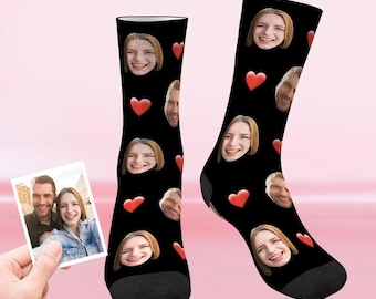 Custom Heart Couple Face Socks, Personalized Socks with Picture, Design Socks Gift for Man Women, Funny Faces on Socks, Valentine's Day Gift