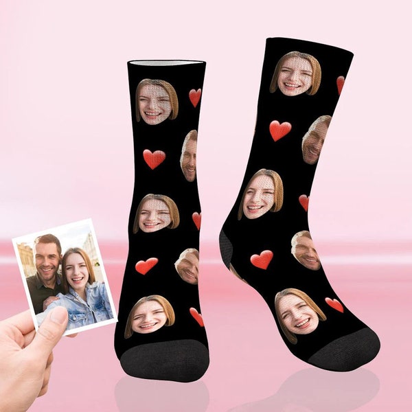 Custom Heart Couple Face Socks, Personalized Socks with Picture, Design Socks Gift for Man Women, Funny Faces on Socks, Valentine's Day Gift