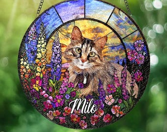 Custom Pet Portrait Stained Glass Suncatcher, Stained Glass cat Memorial, Custom cat Portrait from Photo, pet loss gifts , Stained glass cat