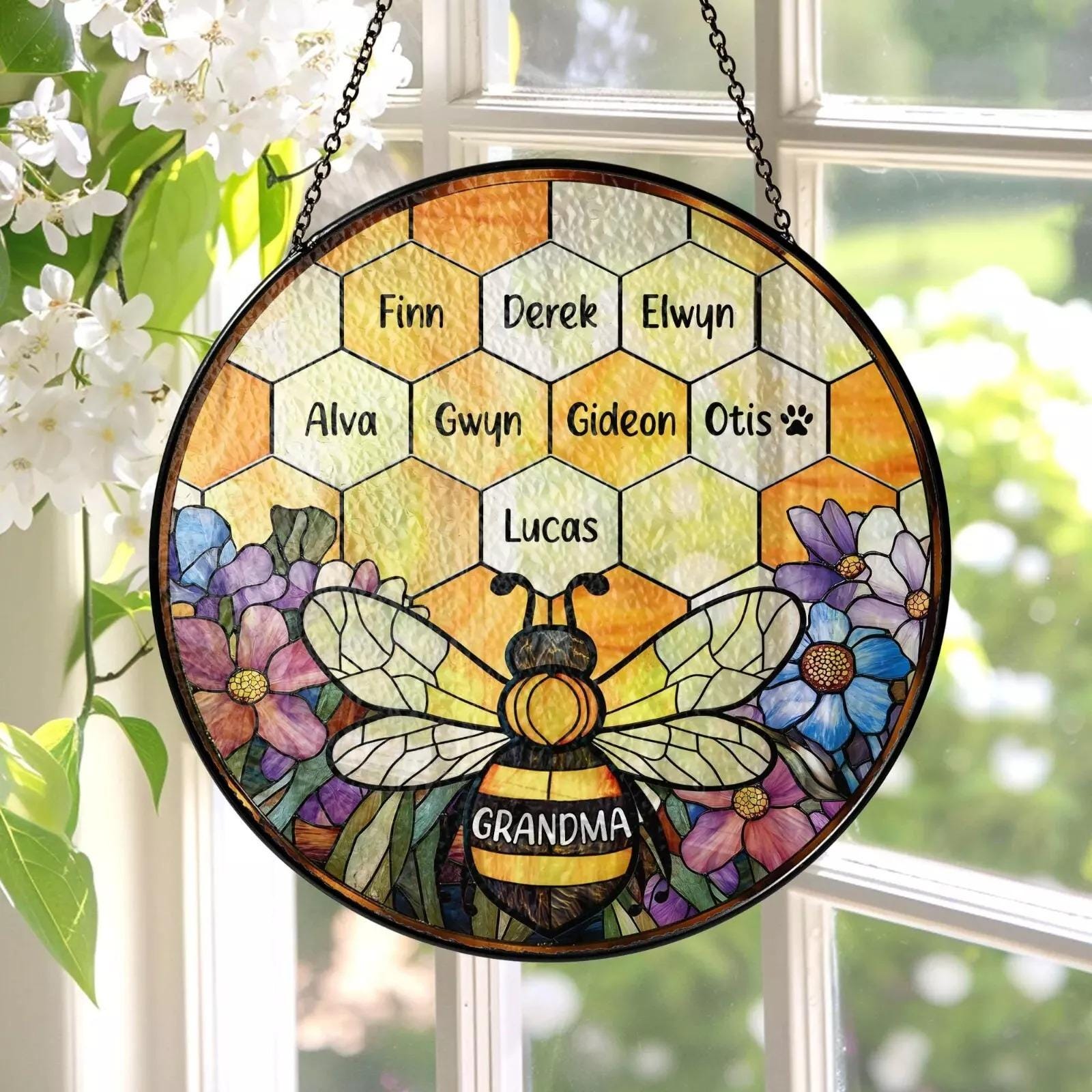 Custom Grandma's Garden Bee Suncatcher, Personalized Stained Glass Window Hanging Suncatcher, Grandma Bee, Grandma Gift, Mother's Day Gift