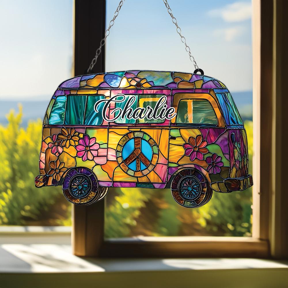 Colorful 70s Hippie Van Acrylic Ornament, Hippie Peace Sign Acrylic Window Hanging, Retro Flower Power Bus Hippie Decor