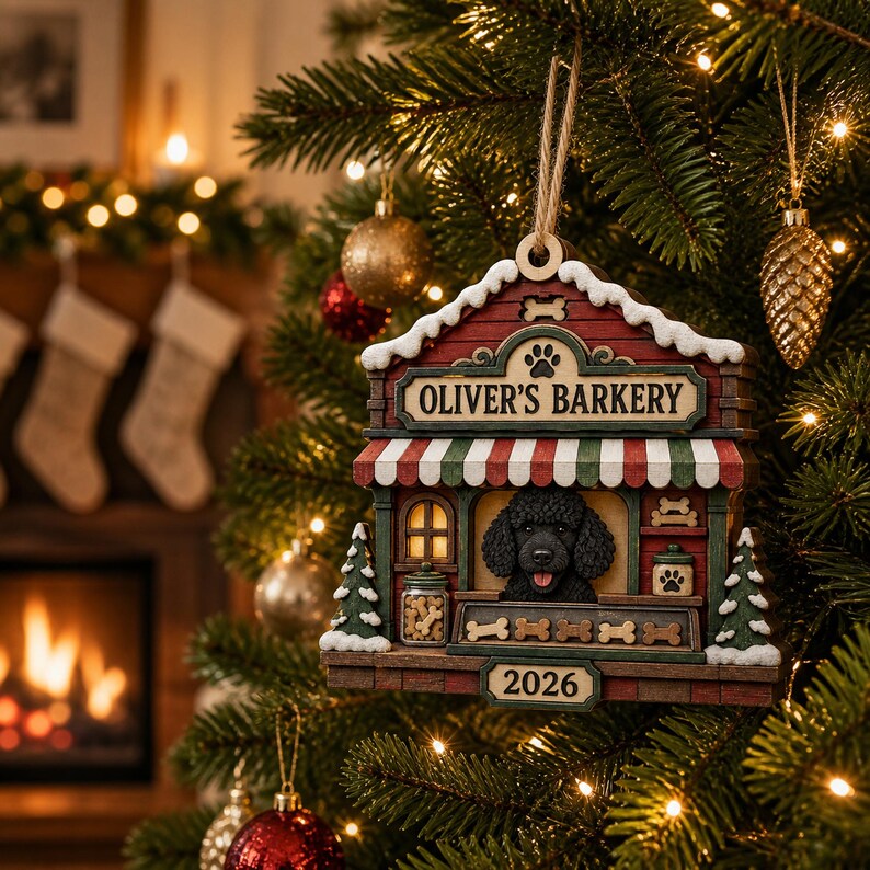 May include: A wooden Christmas tree ornament shaped like a shop titled OLIVER'S BARKERY, featuring a black poodle inside, a striped awning, two small evergreen trees, a jar of bone treats, and the year 2026 printed on the base of the structure.