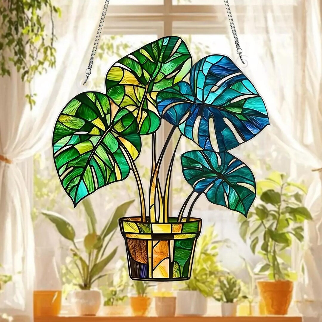 Monstera Plant Suncatcher Stained Glass Acrylic Window Hanging ...