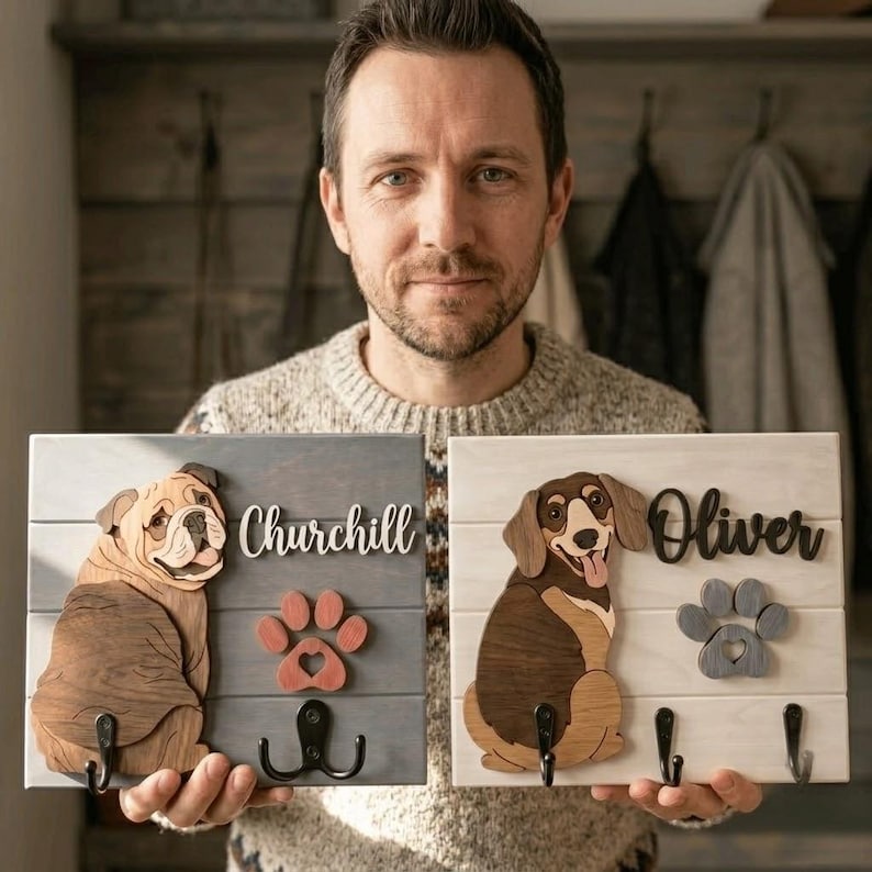May include: Two rectangular wooden wall plaques featuring 3D dog cutouts. The left plaque is gray with a bulldog, the name Churchill, a red paw print, and two black hooks. The right plaque is white with a dachshund, the name Oliver, a gray paw print, and two black hooks.