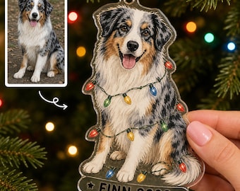 Christmas Lights Dog Ornament, Custom Pet Photo Watercolor Portrait on Clear Acrylic with Name and Year, Personalized Gift for Dog Lover