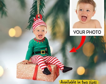 Baby Elf Ornament, Custom Baby Face For Christmas, Green Elf Costume Ornament, Baby Photo Ornament, Xmas Gift for Baby, Lovely Baby Ornament