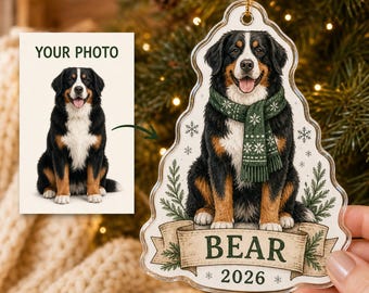 Cozy Winter Dog Ornament, Custom Pet Photo Watercolor Portrait on Clear Acrylic with Name and Year, Personalized Farmhouse Christmas Gift