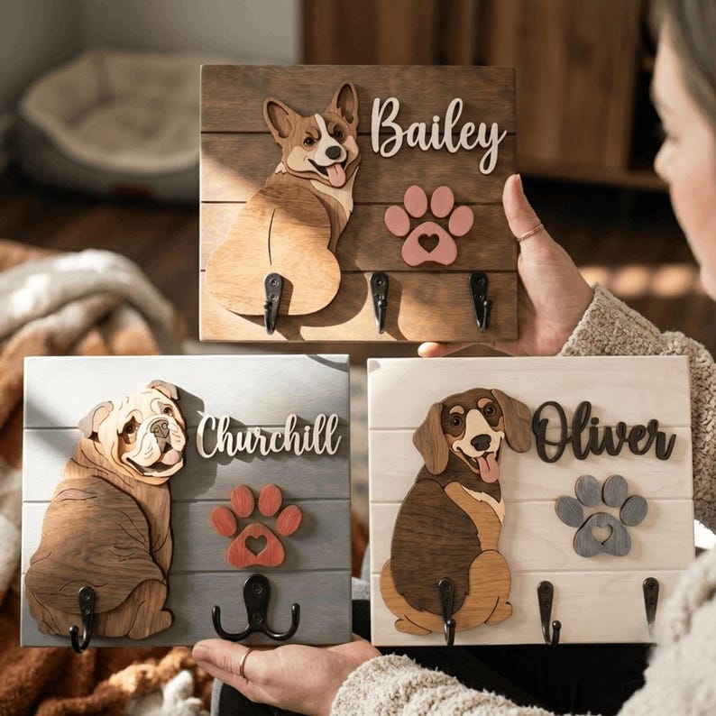 May include: Three rectangular wooden wall-mounted leash holders featuring layered wood cutouts of a Corgi, a Bulldog, and a Dachshund. Each board displays a dog name, a paw print cutout, and black metal hooks for hanging items on the wall.