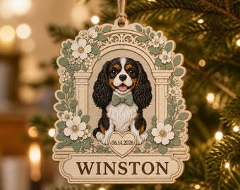 Personalized Wedding Dog Ornament, Custom Pet Photo Garden Arch Wood Keepsake with Name and Date, Unique Newlywed Gift for Pet Loving Couple