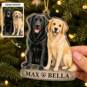 May include: A clear acrylic Christmas ornament featuring a custom illustration of a black Labrador and a yellow Labrador sitting side by side. Below the dogs, the text reads MAX, a heart icon with a paw print, and BELLA in black lettering.