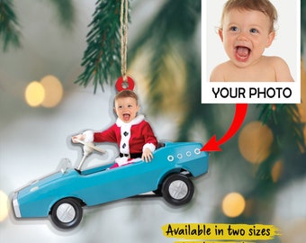 Baby in auto foto ornament, baby kerst ornament, baby foto ornament, kerstboom hanger, kerstcadeau voor baby