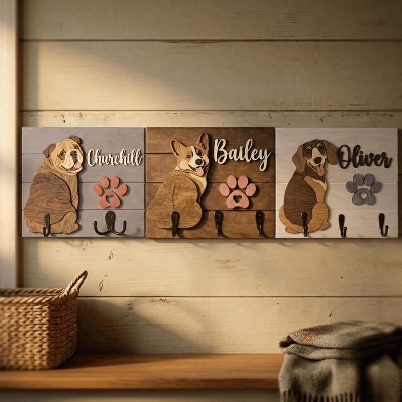 May include: Three rectangular wooden wall-mounted hook racks featuring laser-cut dog silhouettes, paw prints, and names. The left board is light blue with a bulldog named Churchill, the center is brown with a corgi named Bailey, and the right is white with a beagle named Oliver.