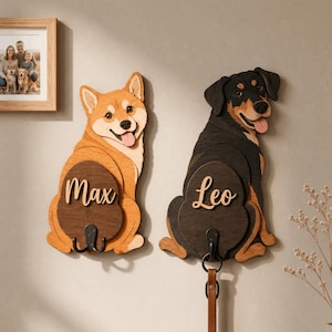Custom Dog Leash Holder from Photo, Personalized 3D Wood Pet Portrait Sign, Dog Name Wall Hook, Dog Lover Gift, Pet Memorial Key Organizer