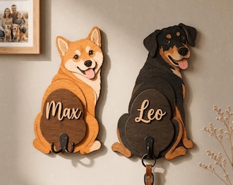 Custom Dog Leash Holder from Photo, Personalized 3D Wood Pet Portrait Sign, Dog Name Wall Hook, Dog Lover Gift, Pet Memorial Key Organizer