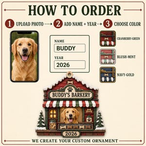 May include: A custom ornament instruction graphic titled HOW TO ORDER with three steps: upload a dog photo, add the name BUDDY and year 2026, and choose from color schemes including cranberry-green, blush-mint, or navy-gold for the bakery shop design.