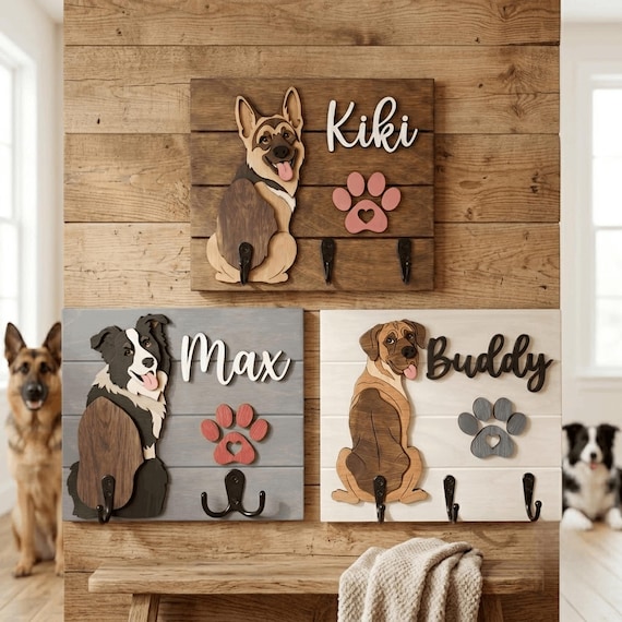 Personalized Dog Leash Holder, Custom Dog Name Sign, 3D Wooden Pet Leash Hook, Shiplap Dog Key Rack, Gift for Dog Lover, Dog Mom Gift