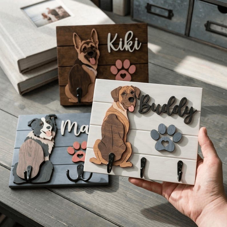 May include: Three rectangular wooden wall-mounted key holders featuring layered dog cutouts, names in script lettering, and paw print accents. Each board includes black metal hooks for hanging items, with one white board labeled Buddy.