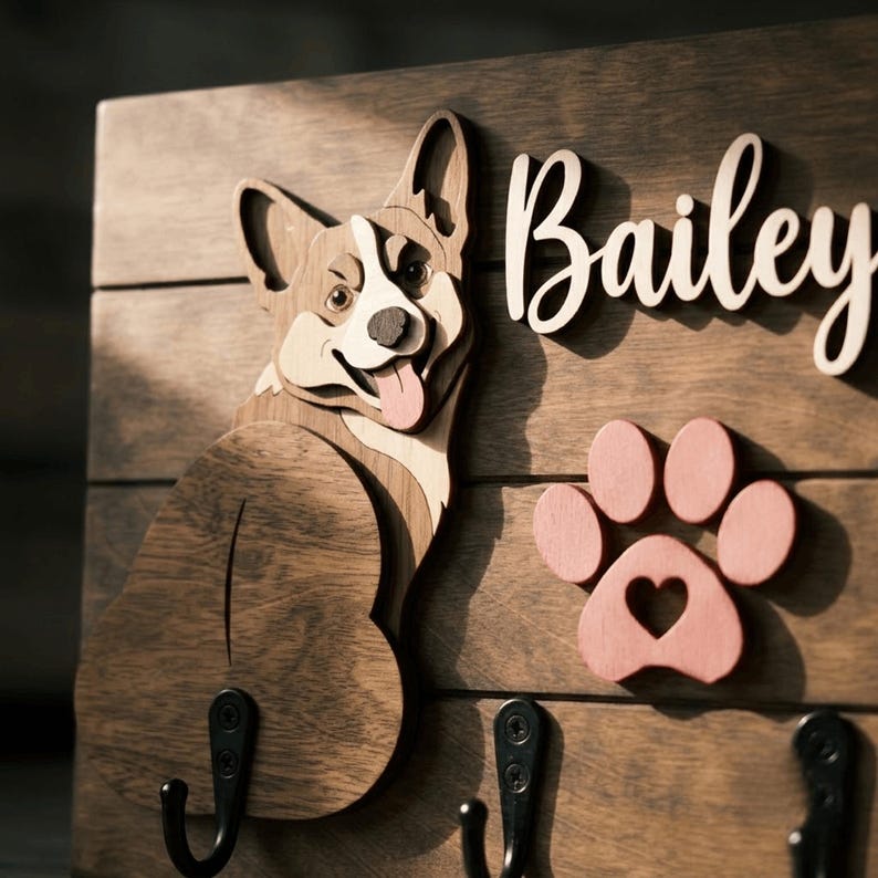 May include: A wooden wall-mounted hook rack featuring a layered cutout of a Corgi dog, the name Bailey in raised script lettering, and a pink paw print with a heart cutout. Three black metal hooks are attached to the dark wood plank base.