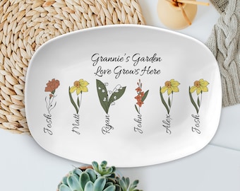 Mom Floral Plate, Grandma's Garden Tray, Grandparent Gift From Grandkids, Custom Flower Platter, Custom Personalized Grandma's Garden Plate