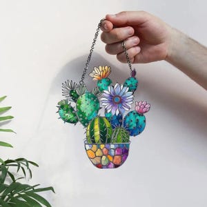 Stained Glass Style Acrylic Cactus in Vase Ornament, Acrylic Window Hangings, Western Desert Decor, Housewarming Gifts, Western Home Decor