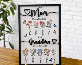 Customized Birth Month Flowers Board Sign, Grandma Wooden Sign, First Mom Now Grandma Wood Sign, Mother's Day Gift , Gift for Mom Grandma