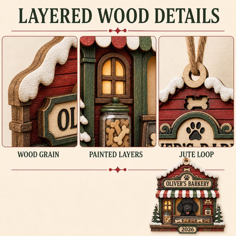 May include: A layered wood ornament shaped like a shop titled OLIVER'S BARKERY, featuring a black dog, a jar of bone treats, a red and white striped awning, snow-dusted roof, and a jute hanging loop. The text 2026 is printed at the bottom.