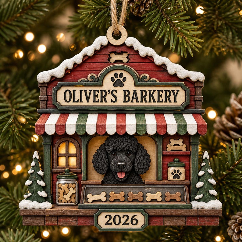 May include: A wooden Christmas tree ornament shaped like a shop titled OLIVER'S BARKERY, featuring a black poodle, a red and green striped awning, a jar of bone-shaped treats, and the year 2026. The structure has snow-dusted roof edges.