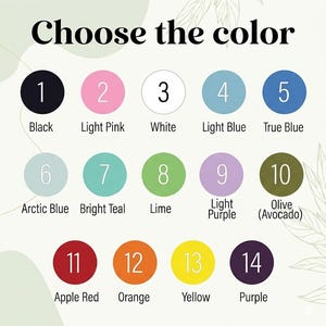 May include: A color chart featuring 14 numbered circles with corresponding labels: 1 Black, 2 Light Pink, 3 White, 4 Light Blue, 5 True Blue, 6 Arctic Blue, 7 Bright Teal, 8 Lime, 9 Light Purple, 10 Olive, 11 Apple Red, 12 Orange, 13 Yellow, 14 Purple.