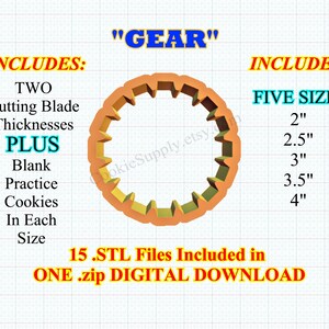 以下が含まれることがあります： 「GEAR」クッキーカッターの15個のSTLファイルのデジタルダウンロード。5つのサイズ展開：5cm、6.3cm、7.6cm、8.9cm、10.2cm。ダウンロードには、2種類の刃の厚さと、各サイズに対応する練習用クッキーが含まれています。