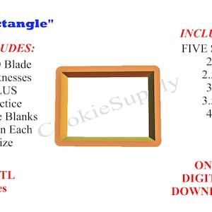 May include: Digital download of 15 STL files for a rectangle cookie cutter in five sizes: 2 inches, 2.5 inches, 3 inches, 3.5 inches, and 4 inches. The image shows a brown rectangle cookie cutter with a yellow outline.