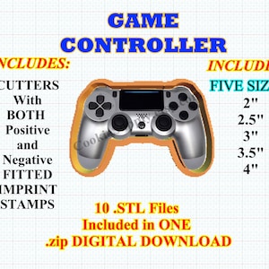 May include: A digital download of 10 STL files for a game controller cookie cutter. The cutter includes both positive and negative fitted imprint stamps. The image shows a silver game controller with five sizes included: 2 inches, 2.5 inches, 3 inches, 3.5 inches, and 4 inches.