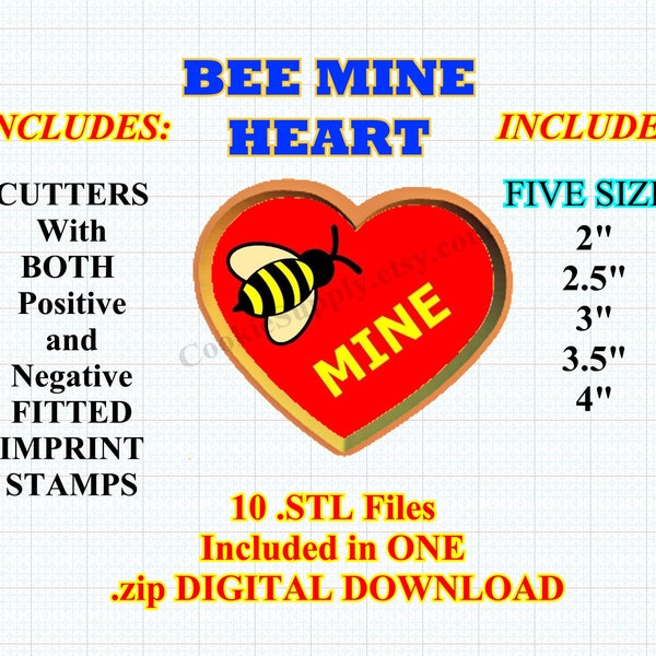 Cookie Cutters Stamper Imprinter BEE MINE Valentine Heart .stl Files Instant Download only