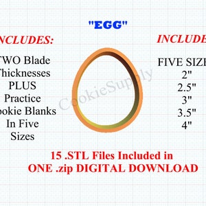 Könnte beinhalten: Digitaler Download von 15 STL-Dateien für einen Ausstecher in Form eines Eies in fünf Größen: 5 cm, 6,3 cm, 7,6 cm, 8,9 cm und 10,2 cm. Der Download enthält zwei Klingenstärken und Übungsplätzchen.