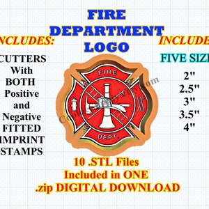 May include: A digital download of 10 STL files for a fire department logo. The logo is a red and gold Maltese cross with a fire hydrant, axe, ladder, and a fireman's helmet. The logo is available in five sizes: 2 inches, 2.5 inches, 3 inches, 3.5 inches, and 4 inches.