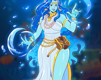 Op de afbeelding: Een blauwe vrouw met lang, golvend haar, gekleed in een witte jurk en gouden sieraden, staat in een blauwe en groene onderwater scène. Ze houdt haar handen omhoog en er zijn blauwe waterwervelingen om haar heen.