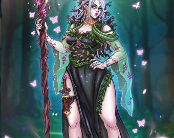 Puede incluir: Ilustración de cuerpo completo de un personaje de fantasía en un entorno forestal. El personaje viste un vestido negro con detalles verdes, zapatillas de ballet rosas y sostiene un bastón con un cristal y flores rosas. Mariposas flotan alrededor del personaje. El texto en la parte inferior dice "FULL BODY FULL RENDERED."