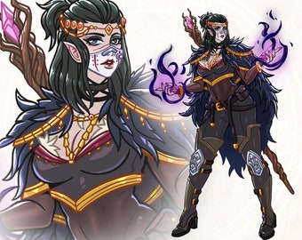 Op de afbeelding: Full body illustratie van een fantasiekarakter met donker haar, gekleed in een zwart en gouden outfit met een gevederde cape. Het personage heeft een masker en houdt een staf met een kristal vast. De tekst op de afbeelding luidt "FULL BODY FLAT COLOR".