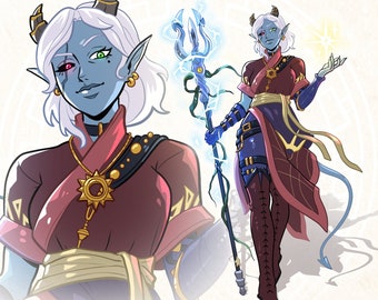 Op de afbeelding: Een blauwhuidige figuur met wit haar en hoorns, die een rode en gouden robe draagt en een staf met een blauw en groen ontwerp vasthoudt. Het personage heeft een rood oog en een groen oog. De tekst "FULL BODY FLAT COLOR" staat onderaan de afbeelding.