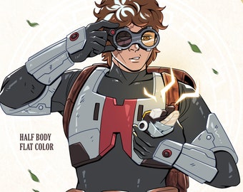 May include: A cartoon illustration of a person wearing a gray and red suit with a brown belt and a pair of goggles. The person is holding a device that is emitting sparks.