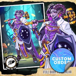 May include: A digital illustration of a fantasy character with purple hair and horns, holding a hammer and shield. The character wears purple armor with gold accents and a white cloak. The shield features a constellation design. The image includes text that says "100% Hand Drawn" and "Custom Order".