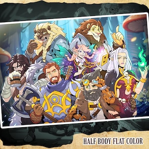 May include: Illustration of a group of fantasy characters, including a lion-like figure, a fairy, and a dwarf. The characters are in a forest setting, with mushrooms and trees in the background. The image is labeled "HALF BODY FLAT COLOR".