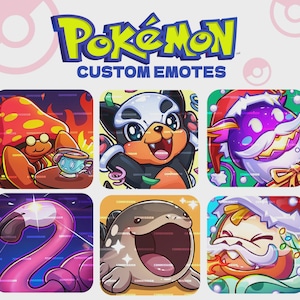 May include: A collection of six digital Pokémon custom emotes featuring various characters. The top row shows a mushroom-like creature with a cup, a black and orange creature with confetti, and a purple creature in a Santa hat. The bottom row displays a pink flamingo, a grey creature with a wide mouth, and a festive creature with a white beard.