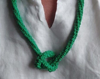 Green Knot Necklace in cotton, handcrocheted, fiber jewelry for all seasons, eco-friendly, Valentine's gift idea