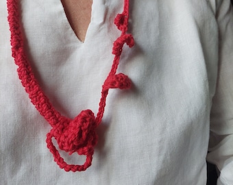 Freeform crochet necklace, bright red, handmade textile jewelry, one of a kind, imaginary shapes