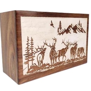 Handmade  Deer Wooden Cremation Urn for Funeral- Memorial Urn Box for Ashes-Custom Engraved Urn for Human Ashes-Burial Wood Memorial Box.