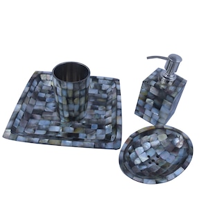 Ensemble d&#39;accessoires de salle de bains Premium Pearl (4 PCS) - Distributeur de savon en lotion, porte-brosse à dents, 2 plateaux de rangement, porte-savon - Décoration d&#39;intérieur